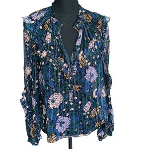 Veronica Beard Abra Lurex Silk Floral Blouse Size 8 Long Sleeve‎ Sheer